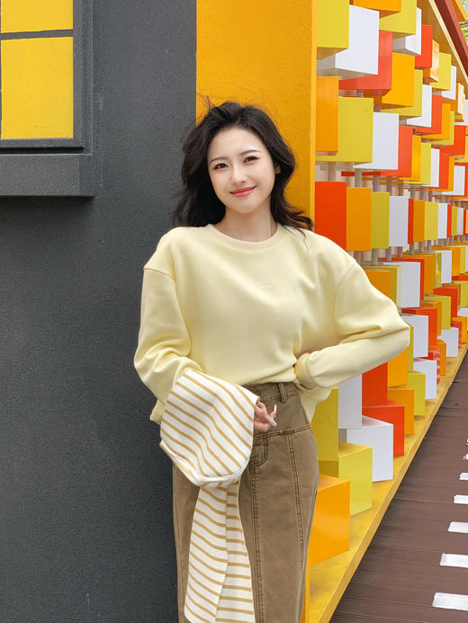 【百图lulu定制】【奶黄包卫衣】 可拆卸条纹连帽披肩   春款长袖卫衣 商品图2