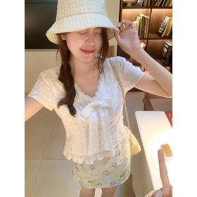 <曾小咸推荐>韩系v领蝴蝶结短袖衬衫女上衣