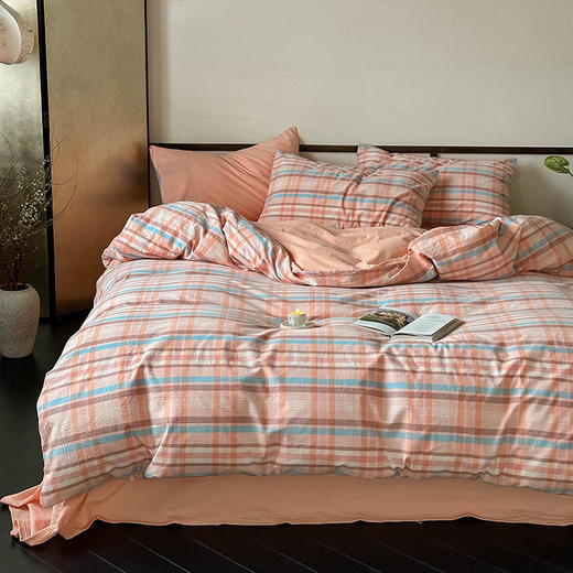 日式无印全棉水洗棉四件套良品格纹床品套件简约民宿酒店4件套 商品图1