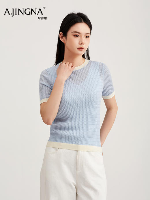 【针织短袖】阿菁娜春季新款小香风短袖针织衫撞色包边圆领设计绞花肌理立体有型F31C301009 商品图0