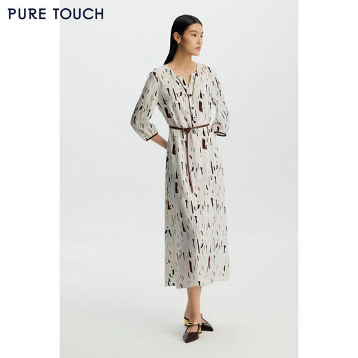 PURE TOUCH女装26夏新款印花连衣裙七分灯笼袖弹力斜纹蚕丝中长裙 商品图4