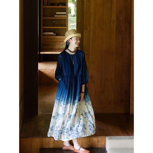 艺术家联名款 牧衣游原创手作植物吊蓝染印花苎麻连衣裙宽松 云深 商品图2