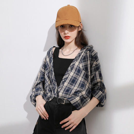 三彩2026春季新款格纹衬衫宽松中长款衬衣开衫翻领休闲复古M 商品图1