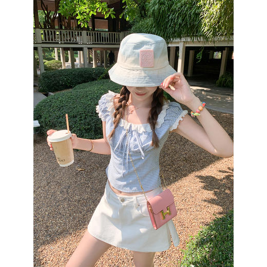 <曾小咸推荐>韩系格子拼接蕾丝泡泡袖衬衫 商品图2