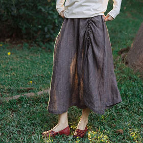 绽放159朵/色织条纹亚麻全腰松紧大摆两侧可抽绳半身裙女新款百搭