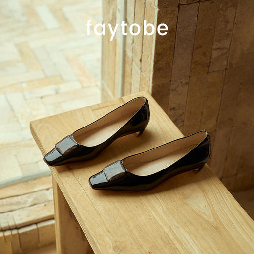 FAYTOBE 方糖漆皮单鞋方头方扣漆皮低跟鞋粗跟浅口单鞋 商品图4