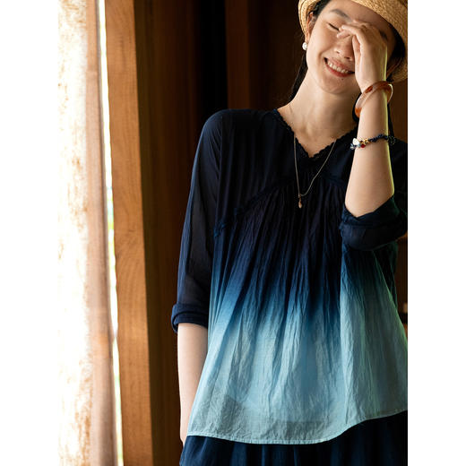 艺术家联名款 牧衣游原创吊蓝染丝棉小衫古朴文艺植物染上衣 寻途 商品图1