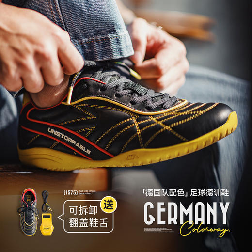 马登复古足球德训鞋男春季新款翻盖皮面黑黄色鞋子平底运动休闲鞋 商品图0