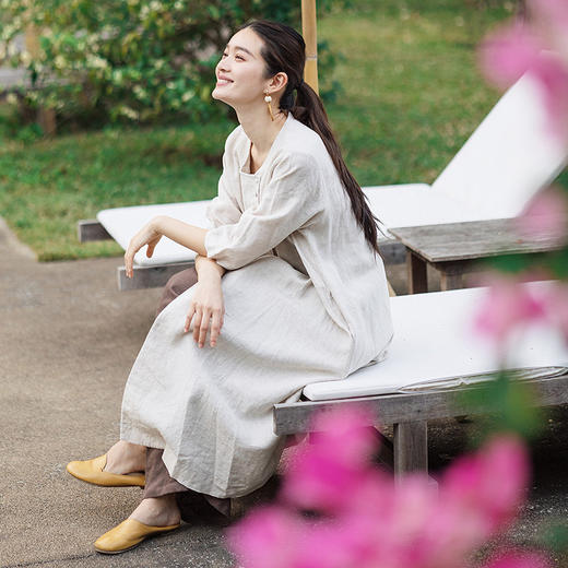 绽放148朵/麻序*亚麻圆领双排扣七分袖连衣裙女松弛感叠穿棉麻裙 商品图1