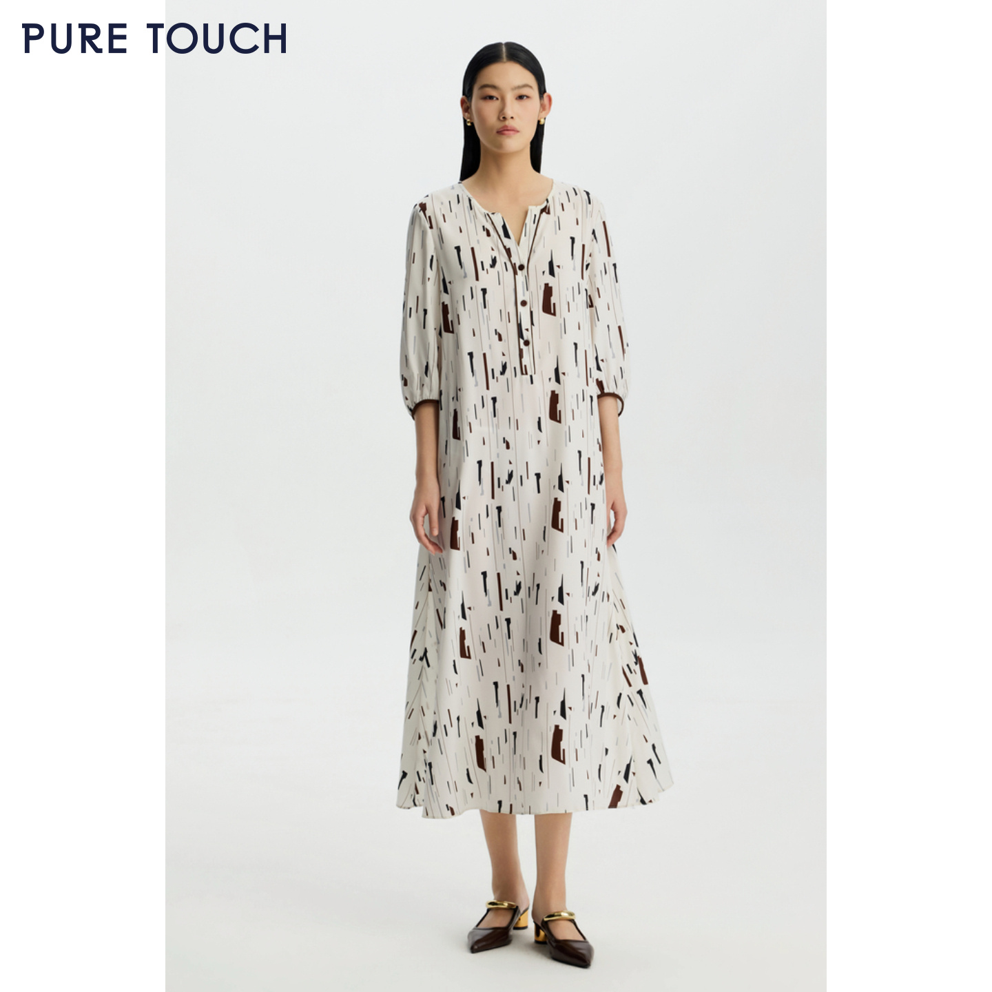 PURE TOUCH女装26夏新款印花连衣裙七分灯笼袖弹力斜纹蚕丝中长裙