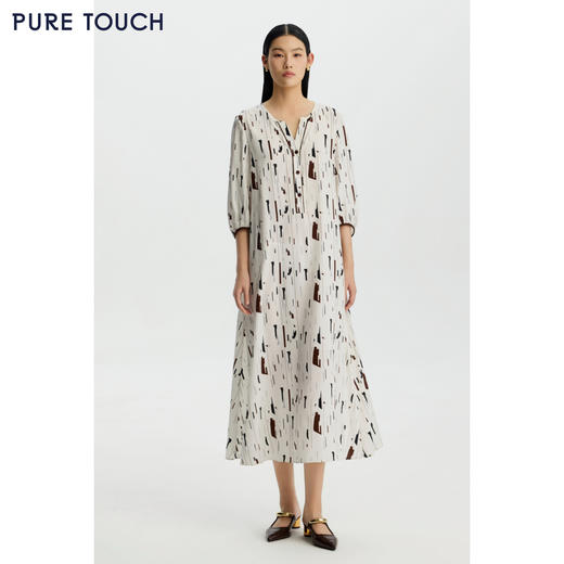 PURE TOUCH女装26夏新款印花连衣裙七分灯笼袖弹力斜纹蚕丝中长裙 商品图0