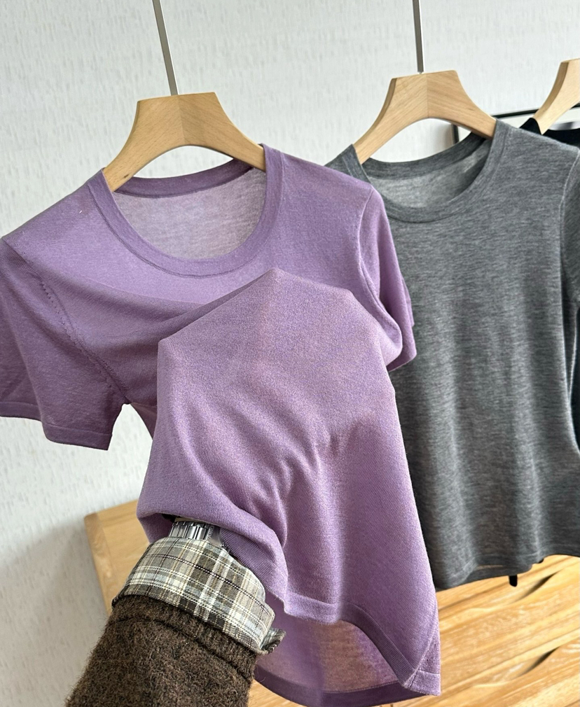 鄂尔多斯同款80支极细真丝羊毛精纺超薄短袖针织衫030505