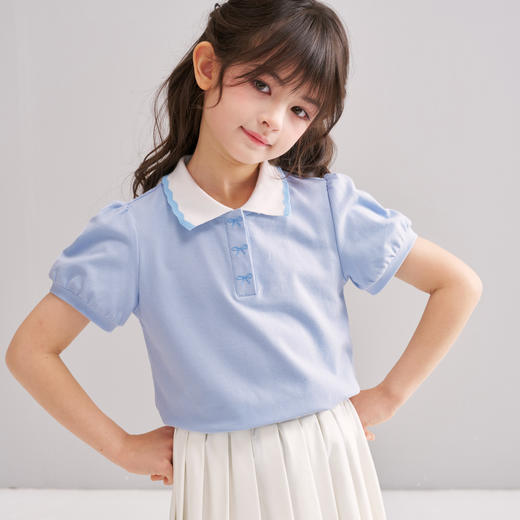 笛莎/Deesha 【松饼熊】2026年夏季新款女童撞色翻领蝴蝶结绣花学院风短袖T恤 商品图1