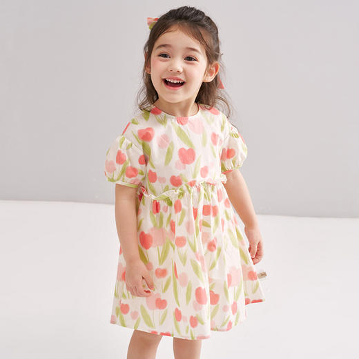 笛莎/Deesha 【松饼熊】2026年夏季新款女童泡泡袖水彩风花朵印花棉布连衣裙 商品图4