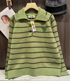 F030665韩系可爱绿色条纹宽松微短款针织Polo衫