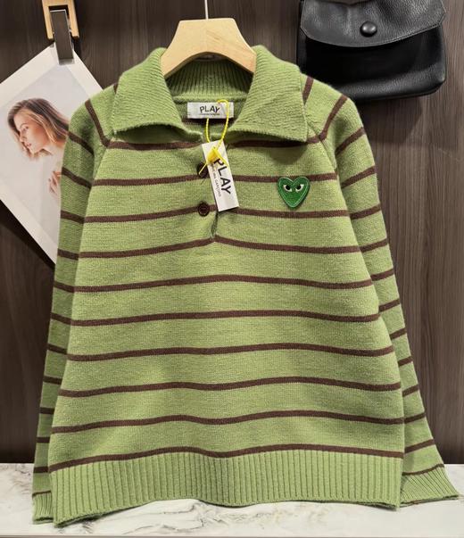 F030665韩系可爱绿色条纹宽松微短款针织Polo衫 商品图0