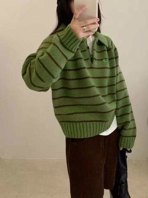 F030665韩系可爱绿色条纹宽松微短款针织Polo衫 商品图9