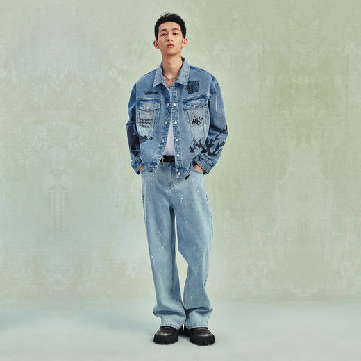 NPC潮牌复古重工水墨印花翻领牛仔外套夹克男潮流春秋NP41DC56 商品图1