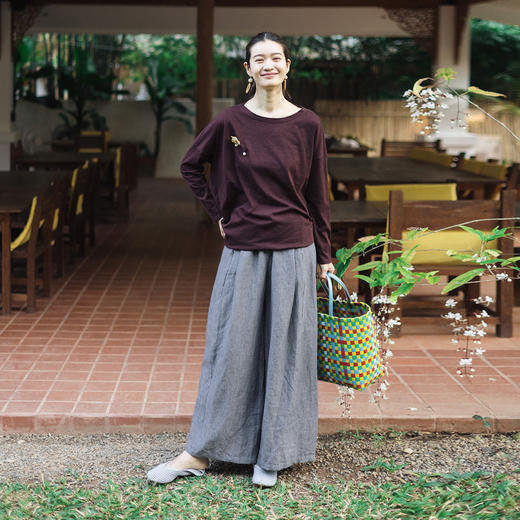 特绽放115朵/自在*色织亚麻全腰松紧宽松阔腿裤女松弛感休闲长裤 商品图2