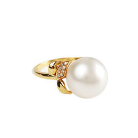 【天然正品】AU750黄金镶钻镶天然近完美约11MM澳白海水珍珠戒指 14号（戒圈可改）280226NJT20