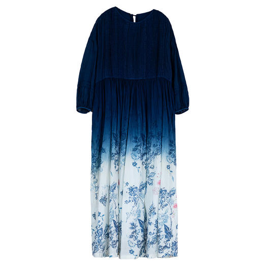 艺术家联名款 牧衣游原创手作植物吊蓝染印花苎麻连衣裙宽松 云深 商品图4