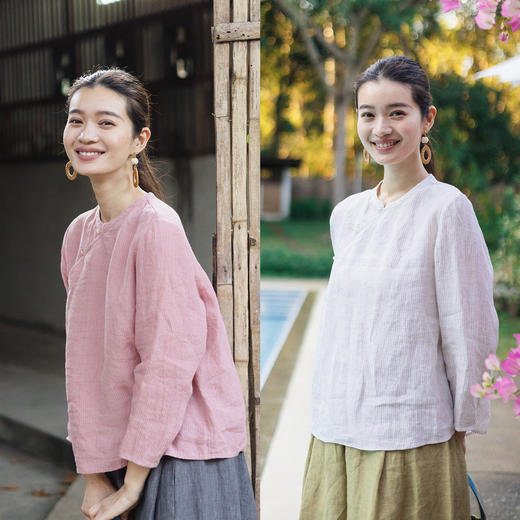 特绽放137朵/春叙*色织亚麻条纹立领斜襟新中式衬衫女春文艺小衫 商品图0