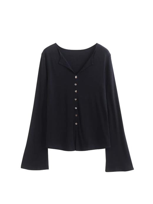 F030607慢氧时光天丝醋酸羊毛贝壳修身V领喇叭袖打底衫 商品图11