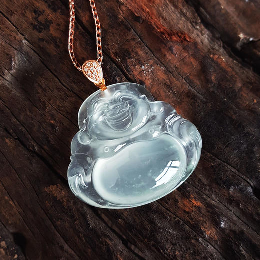 【天然正品】A货翡翠AU750收藏级玫瑰金镶钻镶天然细腻青白色高冰种起荧佛公翡翠吊坠项链 34.2*30.9*7.9MM（皆取最大值）40CM 270226NJS08 商品图6