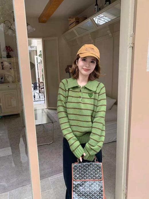 F030665韩系可爱绿色条纹宽松微短款针织Polo衫 商品图8