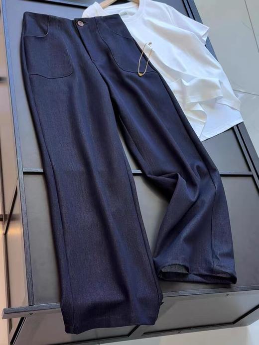 F030675深蓝色窄版牛仔裤烟管裤气质老钱风普洗蓝高腰直筒休闲裤 商品图1