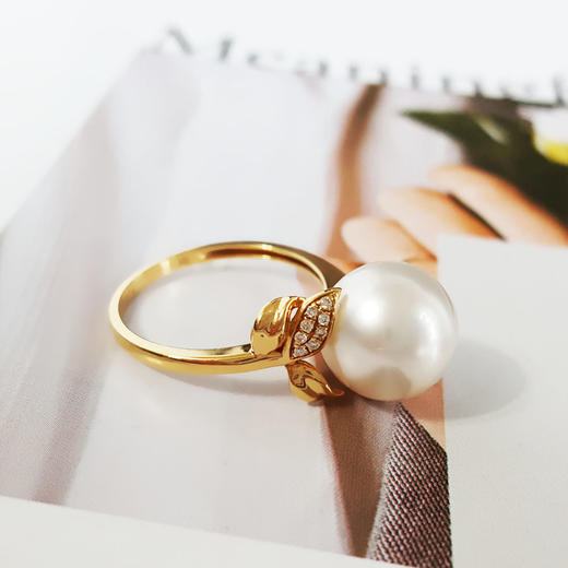 【天然正品】AU750黄金镶钻镶天然近完美约11MM澳白海水珍珠戒指 14号（戒圈可改）280226NJT20 商品图3