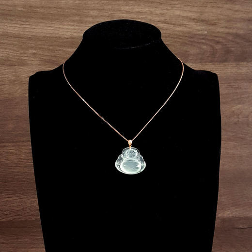 【天然正品】A货翡翠AU750收藏级玫瑰金镶钻镶天然细腻青白色高冰种起荧佛公翡翠吊坠项链 34.2*30.9*7.9MM（皆取最大值）40CM 270226NJS08 商品图9