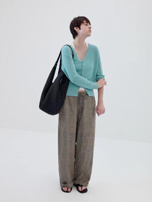 Simple Project/K2622/细格亚麻橡筋抽绳直筒裤 商品图1