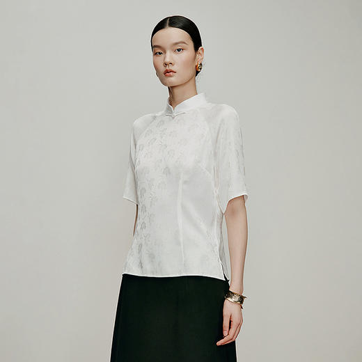 【林栖设计小店】朝花漫舞|米白色优雅提花修身显瘦2026春新款新中式衬衣1961060 商品图1