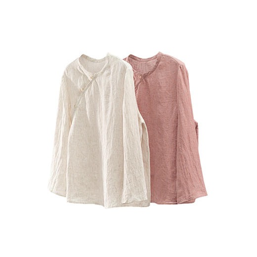 特绽放137朵/春叙*色织亚麻条纹立领斜襟新中式衬衫女春文艺小衫 商品图4