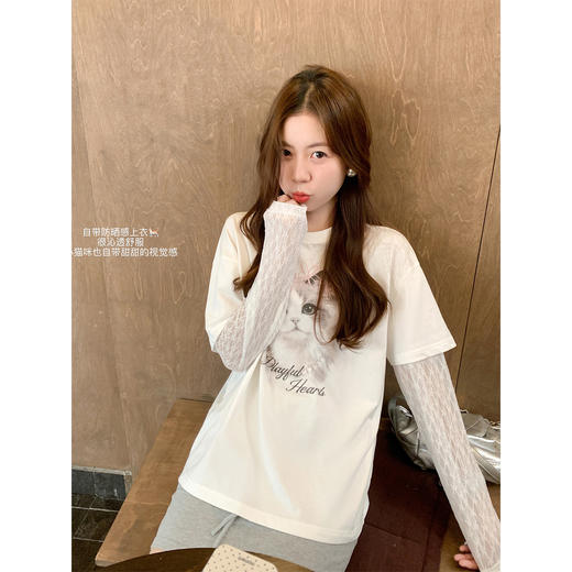 <曾小咸推荐>韩系假两件猫咪印花长袖t恤女 商品图0