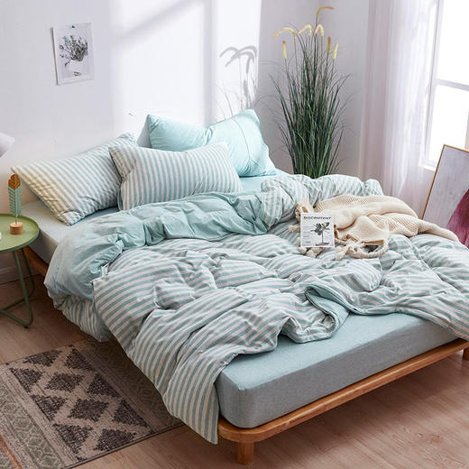 无印西川裸睡良品天竺棉四件套条纹针织棉床上全棉床品床笠床单 商品图3