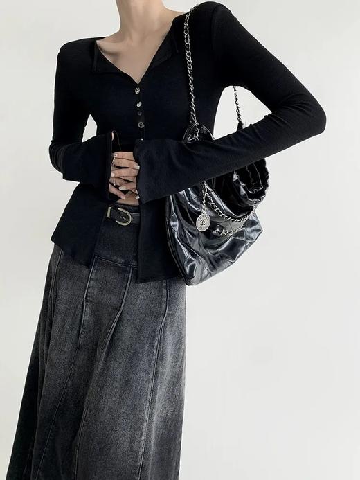 F030607慢氧时光天丝醋酸羊毛贝壳修身V领喇叭袖打底衫 商品图2