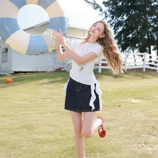 【莱赛尔瘦瘦T】三彩独醒2026春季新款圆领荷叶边T恤修身短款女F 商品图1