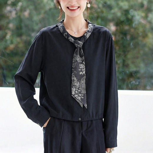 带丝巾白衬衫女长袖2026春装新款设计感小众上衣女式宽松纯棉衬衣   MJ-512015 商品图1
