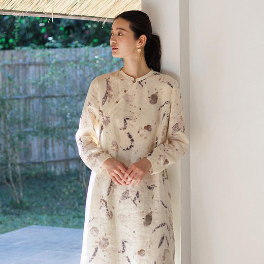 绽放155朵/亚麻数码印花新中式立领斜襟长袖连衣裙女阔感文艺长裙 商品图1