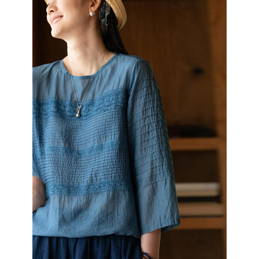 艺术家联名款 牧衣游原创植物染丝棉小衫打条宽松百搭上衣 植音 商品图3