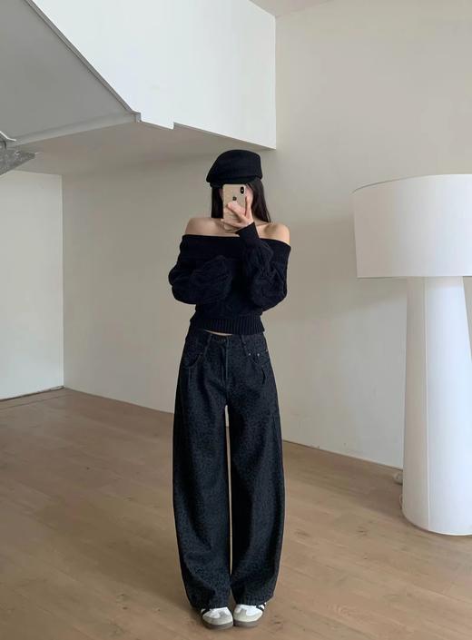 F030680做旧黑灰色高腰设计豹纹慵懒阔腿牛仔裤 商品图6