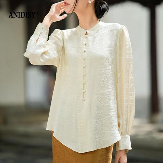 19姆米提花真丝立领长袖单排扣半襟套头衬衫 商品图3