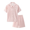 日式无印家居服良品短袖双层纱全棉套装短袖短裤套装格子情侣 商品缩略图4