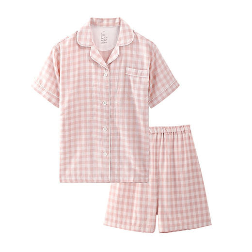 日式无印家居服良品短袖双层纱全棉套装短袖短裤套装格子情侣 商品图4