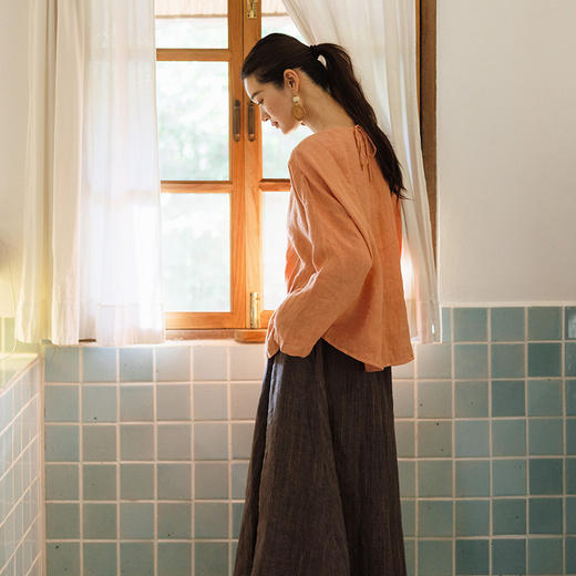 绽放158朵/亚麻成衣染色圆领落肩长袖T恤女宽松显瘦新款小衫百搭 商品图2