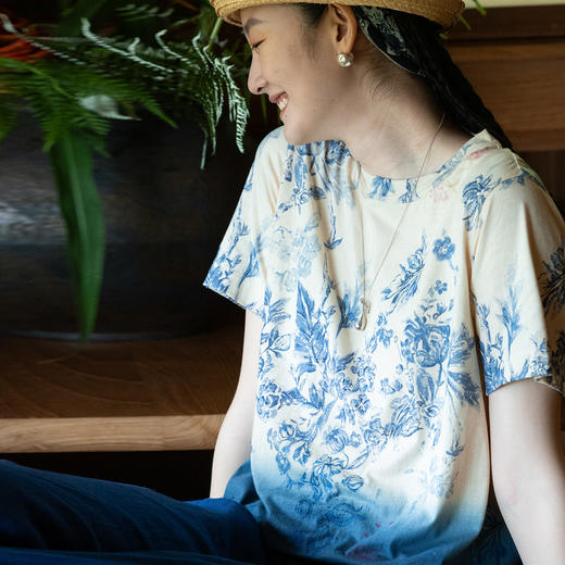 牧衣游原创 32支纯棉吊染T恤新款宽松百搭圆领休闲短袖上衣 恋花 商品图0