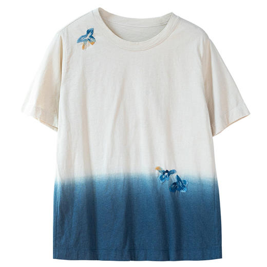 牧衣游原创 手工刺绣吊染T恤女新款舒适宽松休闲百搭短袖 山鸟作 商品图4