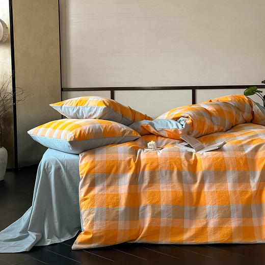 日式无印全棉水洗棉四件套良品格纹床品套件简约民宿酒店4件套 商品图3